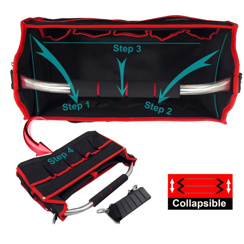 HAUTMEC 16 Inch Tool Bag, Foldable Open Top Tool Tote with Adjustable Shoulder Strap, 16 Pockets, Molded Base & Padded Handle, Portable Electrician Tool Organizer for DIY & Jobsite Use â€“ TB0002 - Image 4